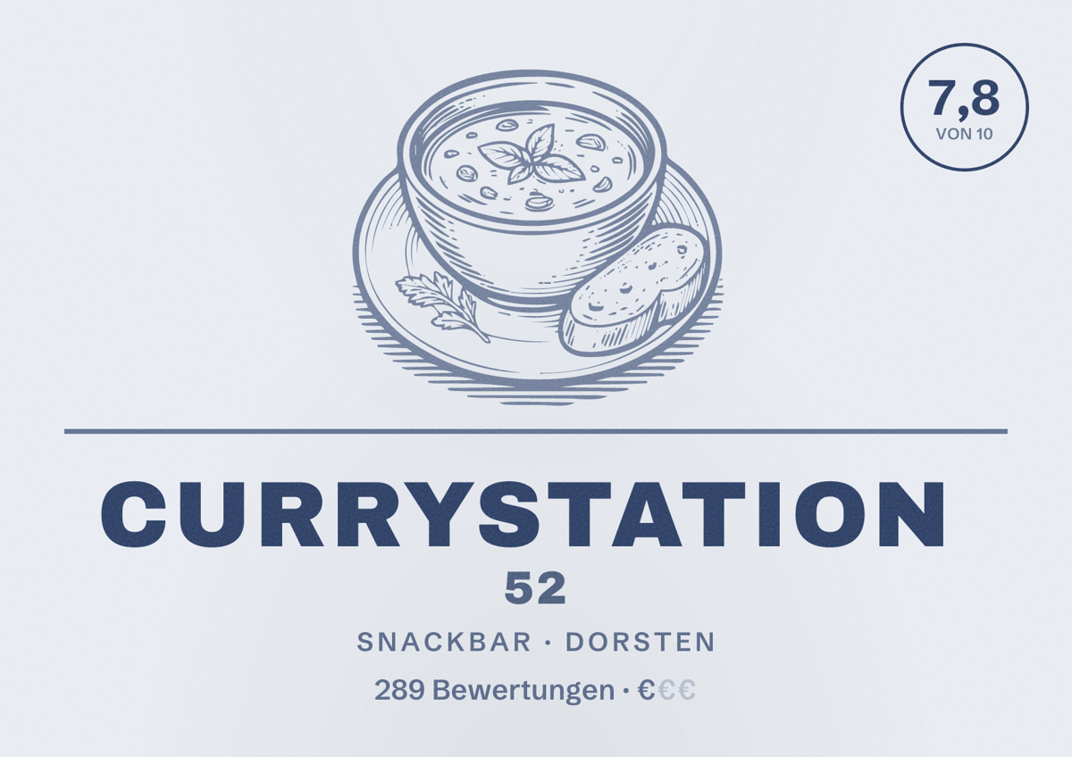 Illustriertes Poster von Currystation 52, Snackbar in Dorsten: Bewertung 7,8 von 10 aus 289 Bewertungen, Preisniveau €