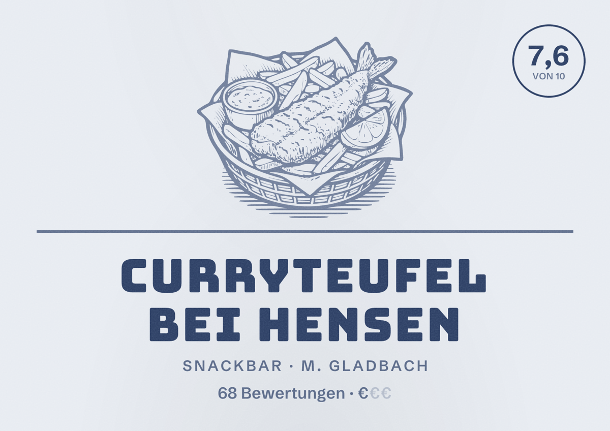 Illustriertes Poster von Curryteufel bei Hensen, Snackbar in M. Gladbach: Bewertung 7,6 von 10 aus 68 Bewertungen, Preisniveau €