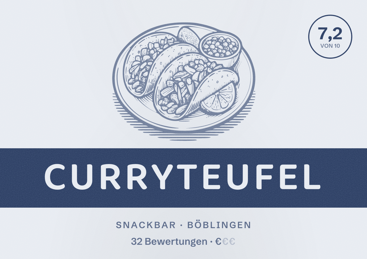 Illustriertes Poster von CurryTeufel, Snackbar in Böblingen: Bewertung 7,2 von 10 aus 32 Bewertungen, Preisniveau €