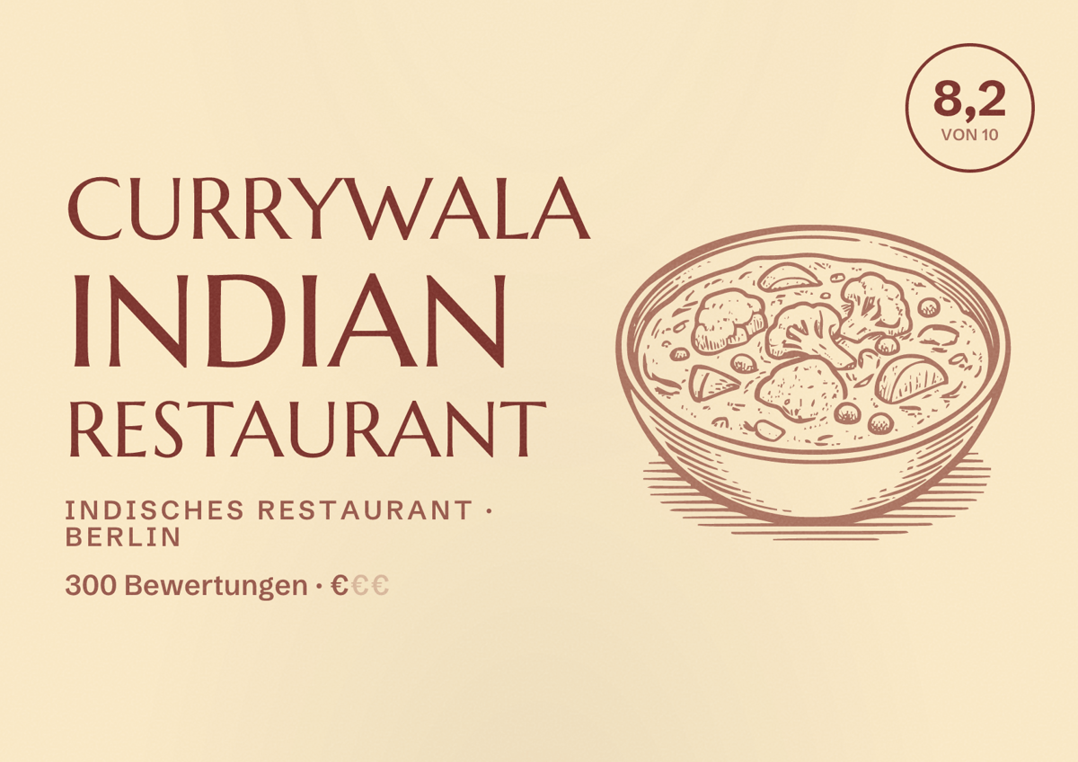 Illustriertes Poster von CURRYWALA Indian Restaurant, Indisches Restaurant in Berlin: Bewertung 8,2 von 10 aus 300 Bewertungen, Preisniveau €