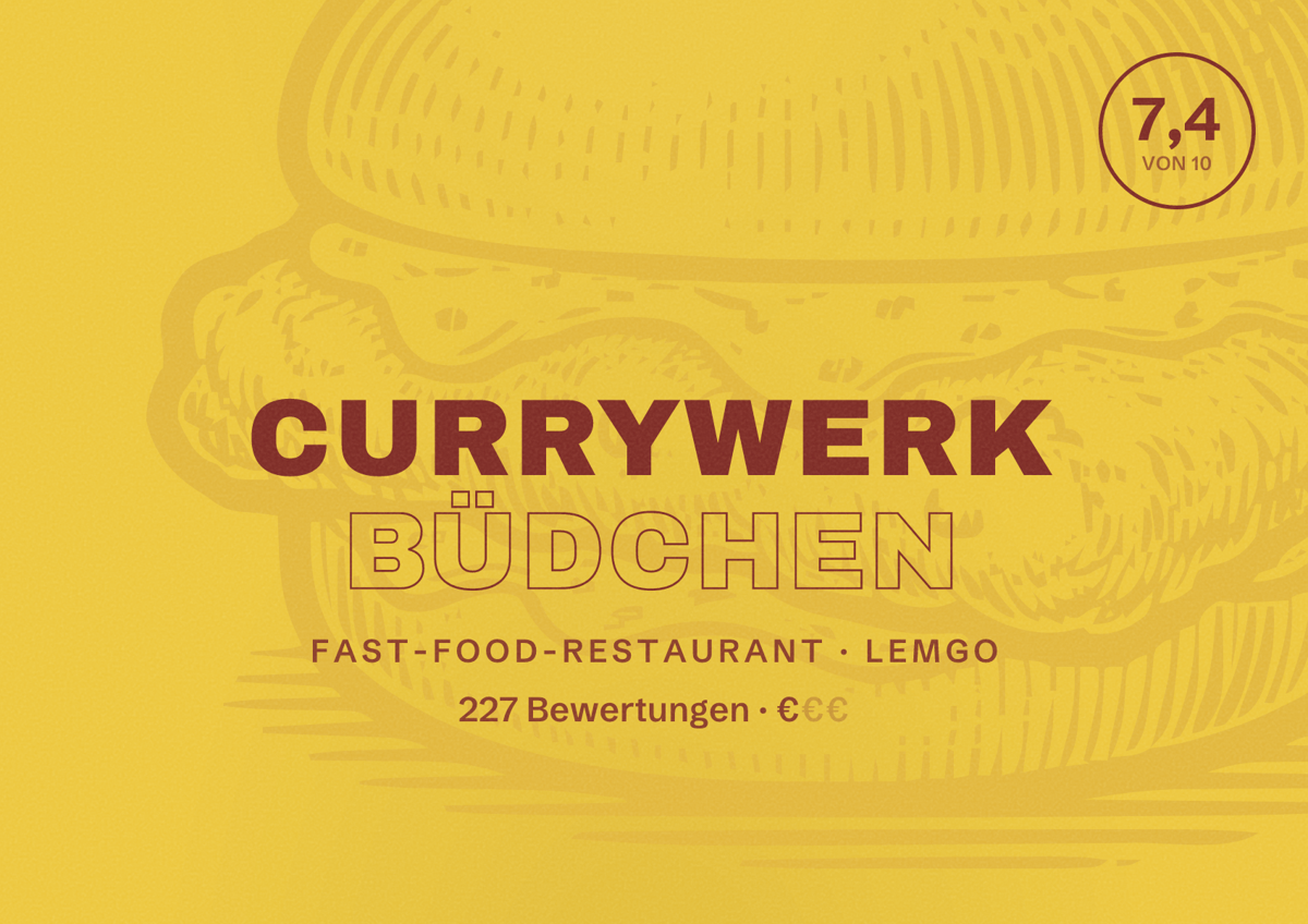 Illustriertes Poster von CurryWerk Büdchen, Fast-Food-Restaurant in Lemgo: Bewertung 7,4 von 10 aus 227 Bewertungen, Preisniveau €