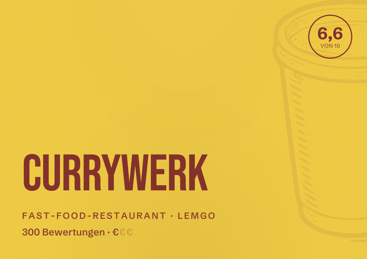 Illustriertes Poster von CurryWerk, Fast-Food-Restaurant in Lemgo: Bewertung 6,6 von 10 aus 300 Bewertungen, Preisniveau €