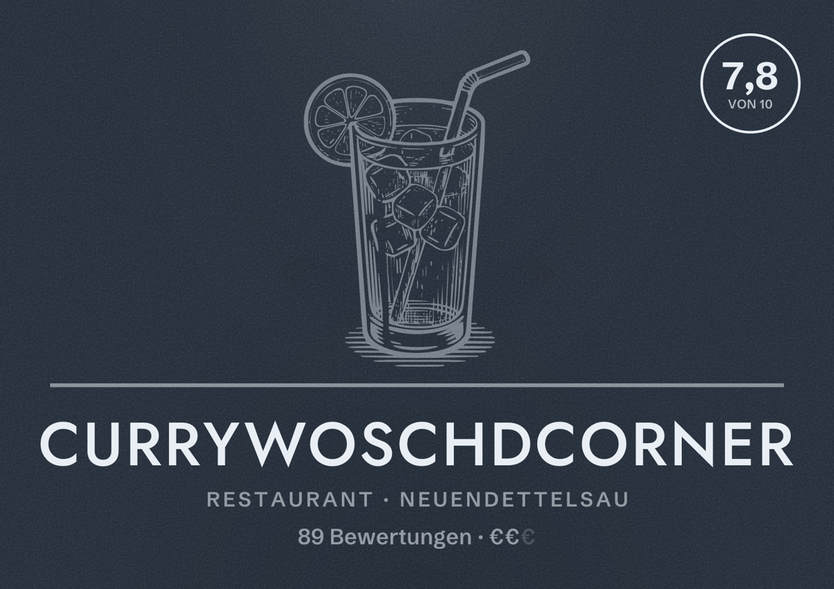 Illustriertes Poster von CurrywoschdCorner, Restaurant in Neuendettelsau: Bewertung 7,8 von 10 aus 89 Bewertungen, Preisniveau €€