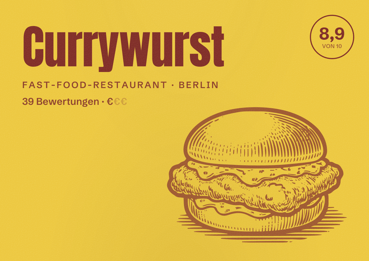 Illustriertes Poster von Currywurst, Fast-Food-Restaurant in Berlin: Bewertung 8,9 von 10 aus 39 Bewertungen, Preisniveau €