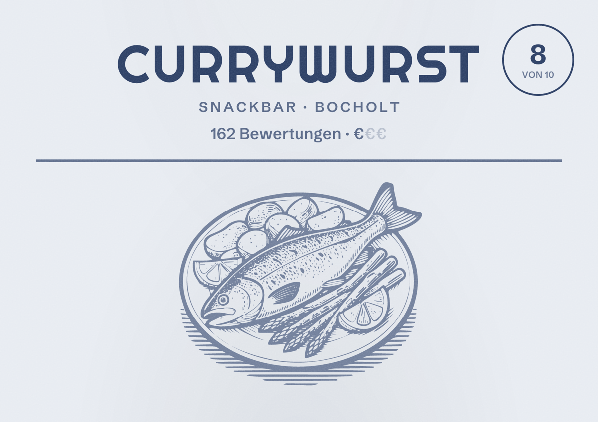 Illustriertes Poster von Currywurst, Snackbar in Bocholt: Bewertung 8,0 von 10 aus 162 Bewertungen, Preisniveau €