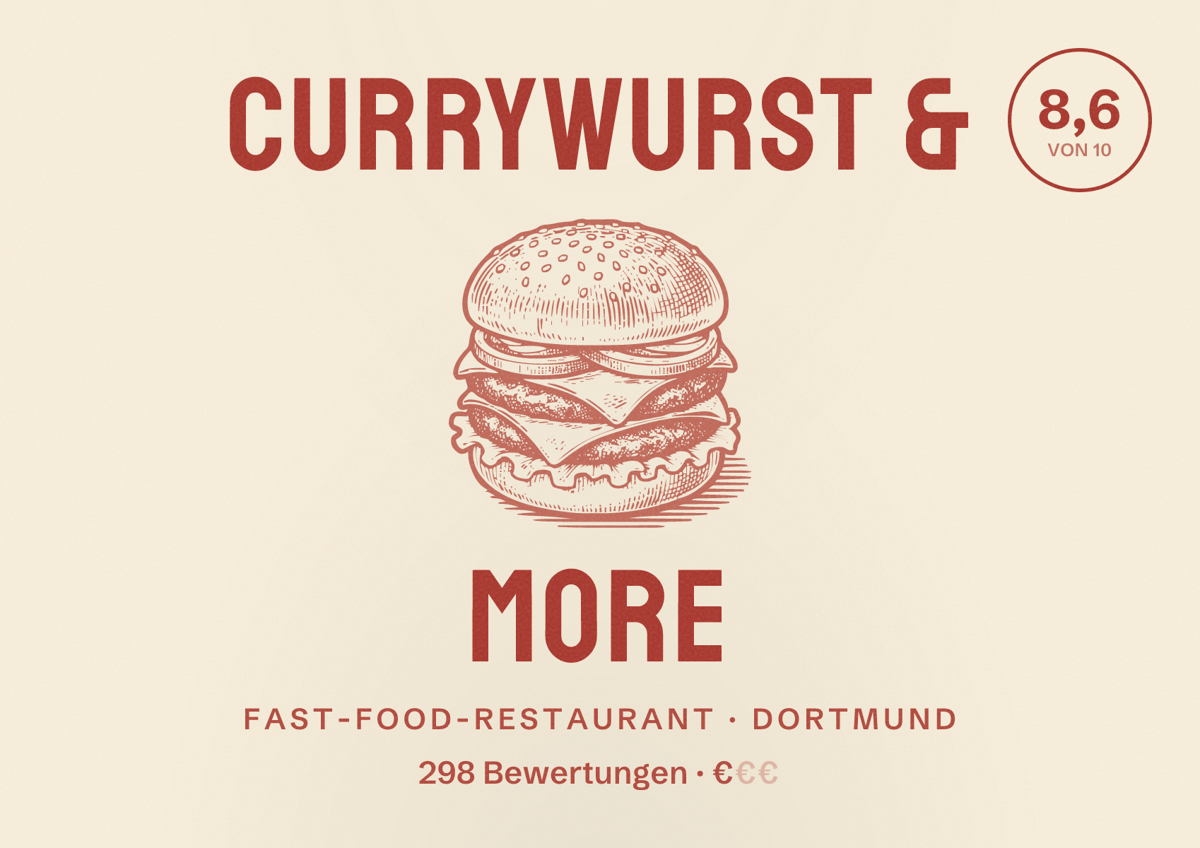 Illustriertes Poster von Currywurst & more, Fast-Food-Restaurant in Dortmund: Bewertung 8,6 von 10 aus 298 Bewertungen, Preisniveau €