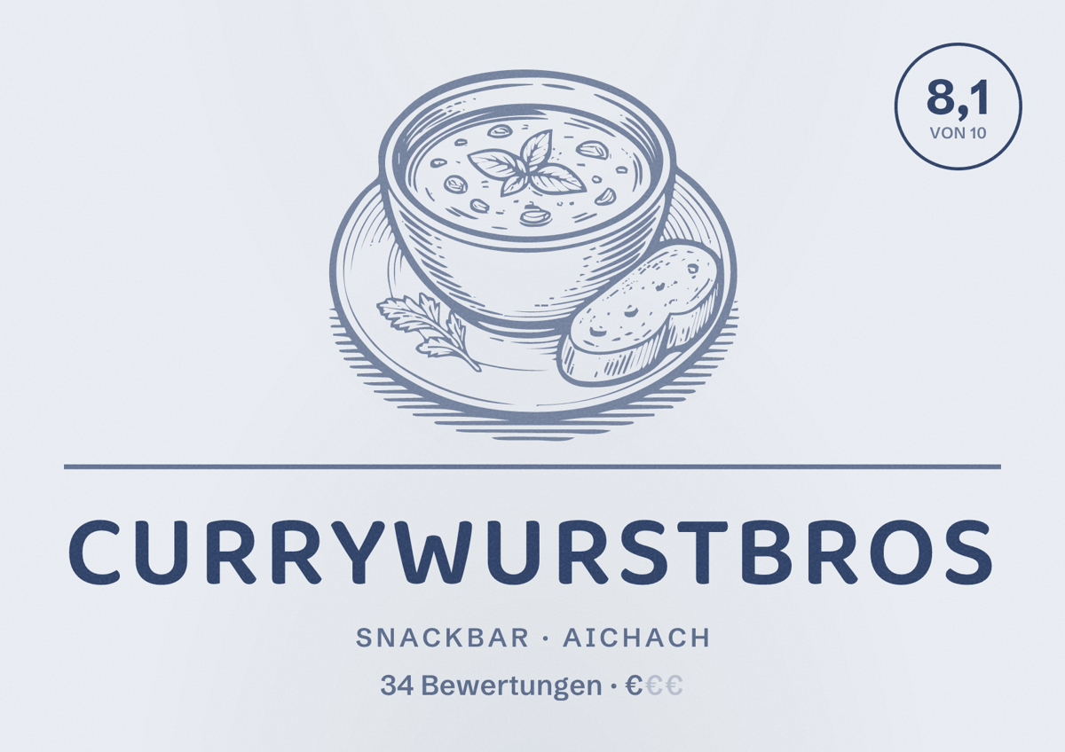 Illustriertes Poster von Currywurstbros, Snackbar in Aichach: Bewertung 8,1 von 10 aus 34 Bewertungen, Preisniveau €