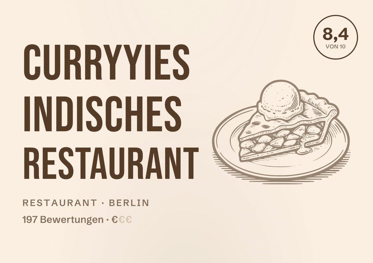 Illustriertes Poster von CURRYYIES Indisches Restaurant, Restaurant in Berlin: Bewertung 8,4 von 10 aus 197 Bewertungen, Preisniveau €