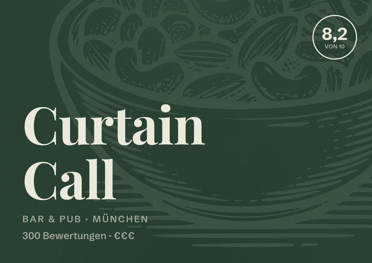 Illustriertes Poster von Curtain Call, Bar & Pub in München: Bewertung 8,2 von 10 aus 300 Bewertungen, Preisniveau €€€