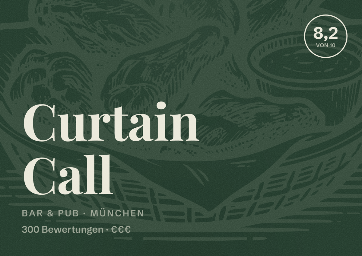 Illustriertes Poster von Curtain Call, Bar & Pub in München: Bewertung 8,2 von 10 aus 300 Bewertungen, Preisniveau €€€