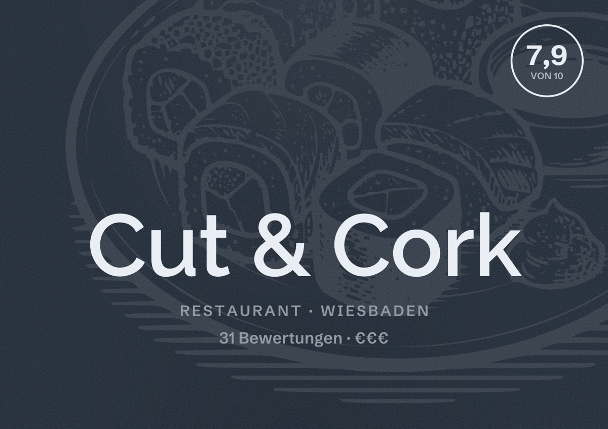 Illustriertes Poster von Cut & Cork, Restaurant in Wiesbaden: Bewertung 7,9 von 10 aus 31 Bewertungen, Preisniveau €€€