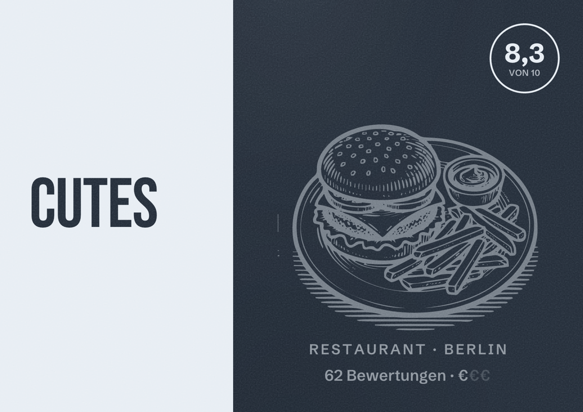 Illustriertes Poster von Cutes, Restaurant in Berlin: Bewertung 8,3 von 10 aus 62 Bewertungen, Preisniveau €