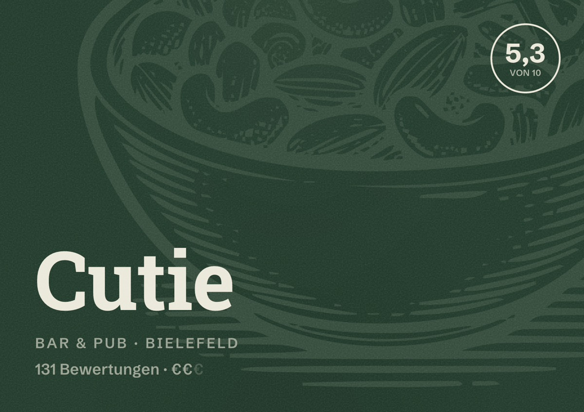 Illustriertes Poster von Cutie, Bar & Pub in Bielefeld: Bewertung 5,3 von 10 aus 131 Bewertungen, Preisniveau €€
