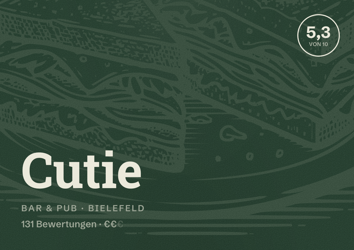 Illustriertes Poster von Cutie, Bar & Pub in Bielefeld: Bewertung 5,3 von 10 aus 131 Bewertungen, Preisniveau €€