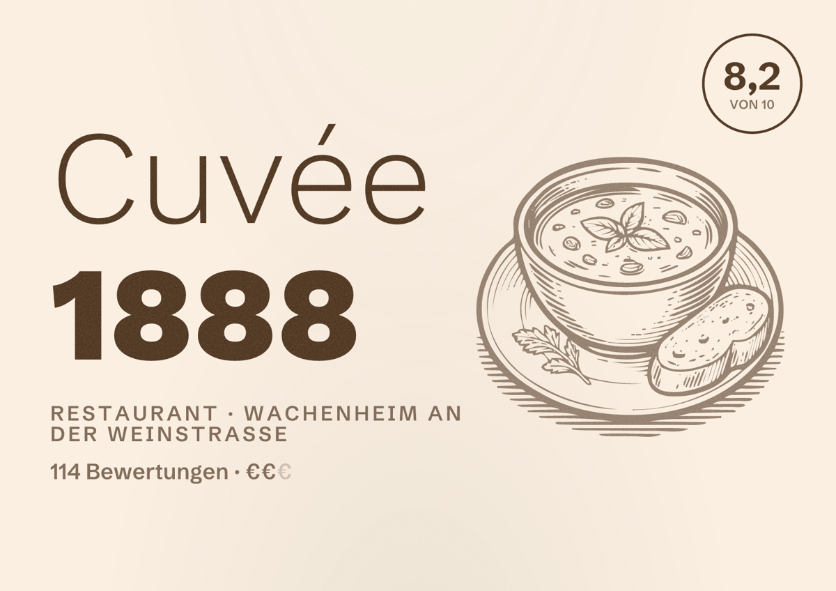 Illustriertes Poster von Cuvée 1888, Restaurant in Wachenheim an der Weinstraße: Bewertung 8,2 von 10 aus 114 Bewertungen, Preisniveau €€