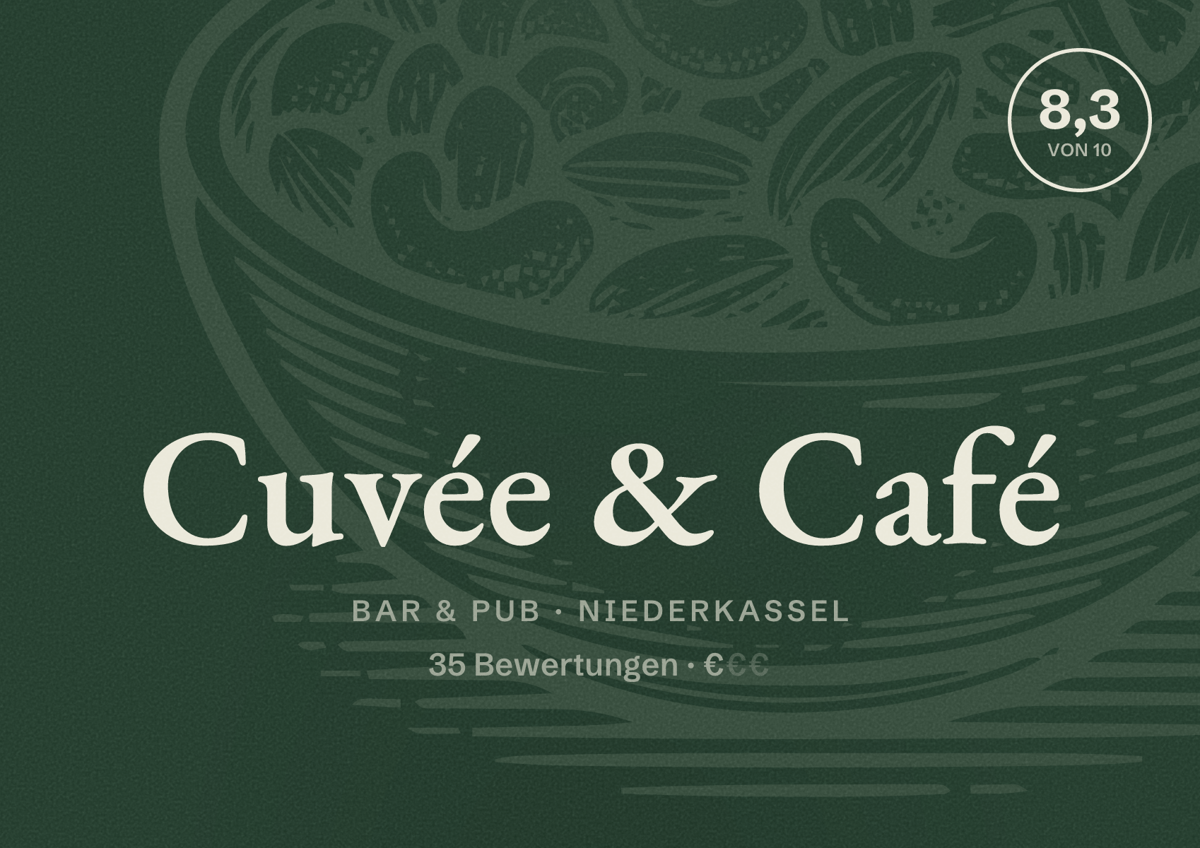 Illustriertes Poster von Cuvée & Café, Bar & Pub in Niederkassel: Bewertung 8,3 von 10 aus 35 Bewertungen, Preisniveau €