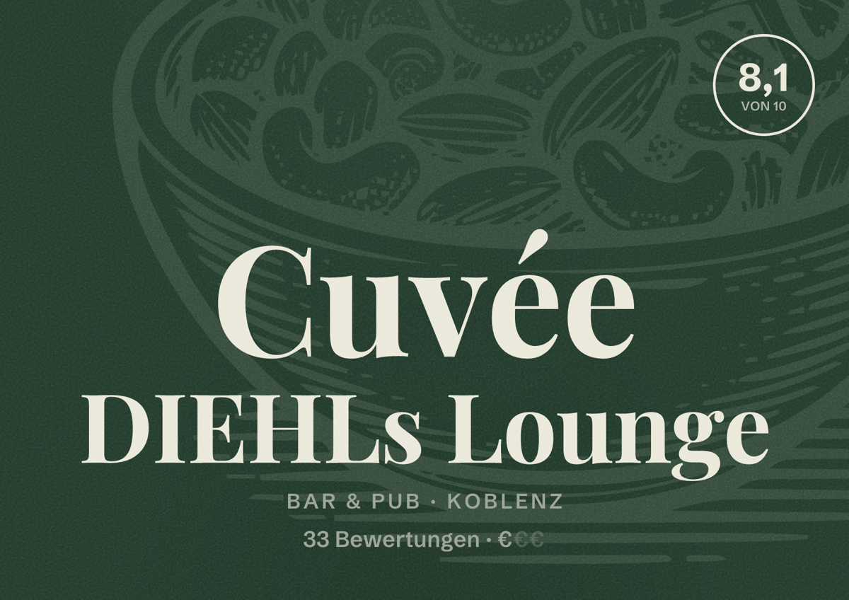 Illustriertes Poster von Cuvée DIEHLs Lounge, Bar & Pub in Koblenz: Bewertung 8,1 von 10 aus 33 Bewertungen, Preisniveau €