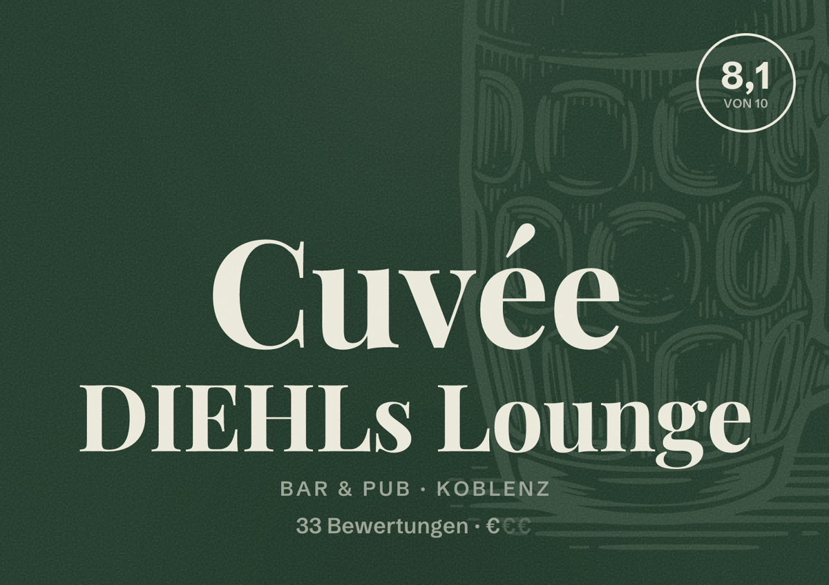 Illustriertes Poster von Cuvée DIEHLs Lounge, Bar & Pub in Koblenz: Bewertung 8,1 von 10 aus 33 Bewertungen, Preisniveau €