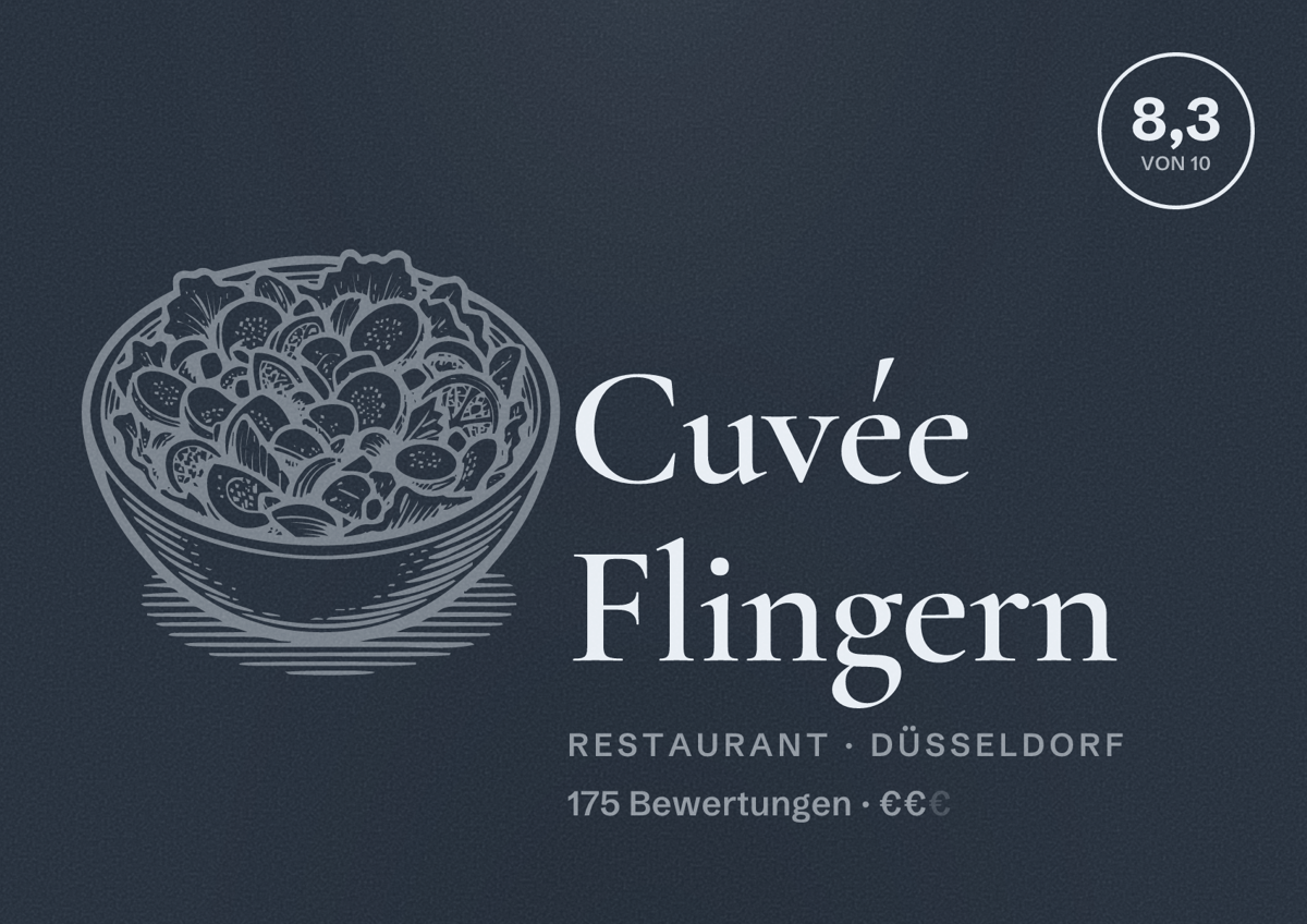 Illustriertes Poster von Cuvée Flingern, Restaurant in Düsseldorf: Bewertung 8,3 von 10 aus 175 Bewertungen, Preisniveau €€
