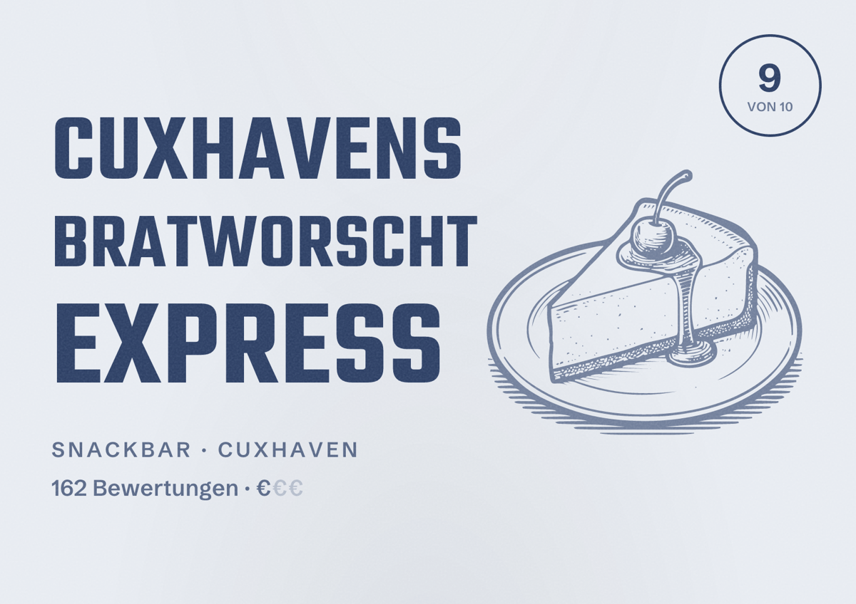 Illustriertes Poster von Cuxhavens Bratworscht Express, Snackbar in Cuxhaven: Bewertung 9 von 10 aus 162 Bewertungen, Preisniveau €