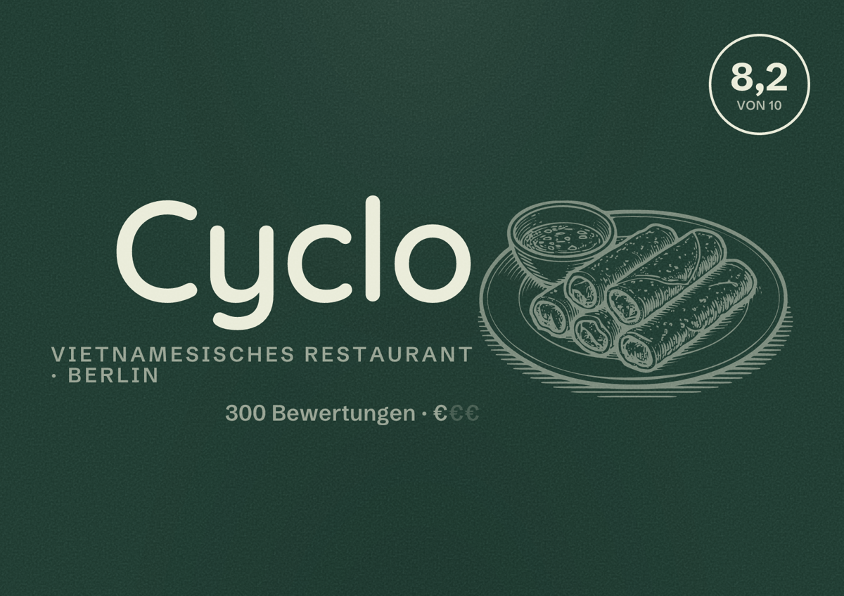 Illustriertes Poster von Cyclo, Vietnamesisches Restaurant in Berlin: Bewertung 8,2 von 10 aus 300 Bewertungen, Preisniveau €