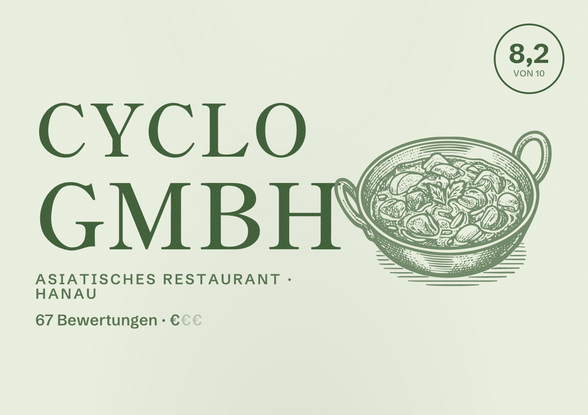 Illustriertes Poster von Cyclo GmbH, Asiatisches Restaurant in Hanau: Bewertung 8,2 von 10 aus 67 Bewertungen, Preisniveau €