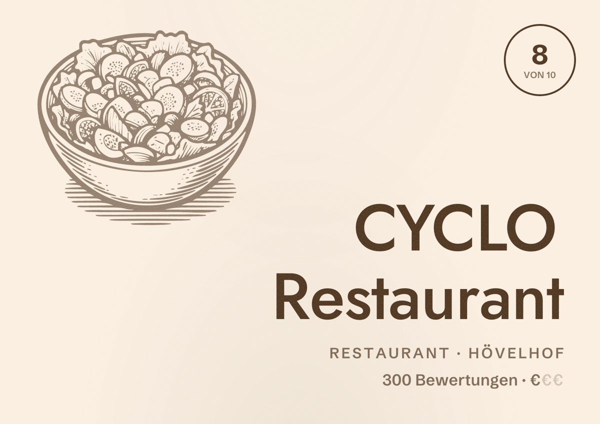 Illustriertes Poster von CYCLO Restaurant, Restaurant in Hövelhof: Bewertung 8 von 10 aus 300 Bewertungen, Preisniveau €