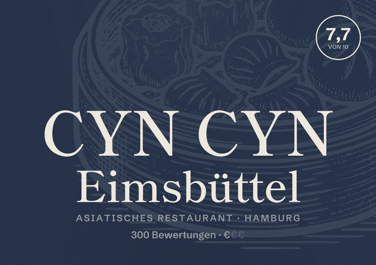 Illustriertes Poster von CYN CYN Eimsbüttel, Asiatisches Restaurant in Hamburg: Bewertung 7,7 von 10 aus 300 Bewertungen, Preisniveau €