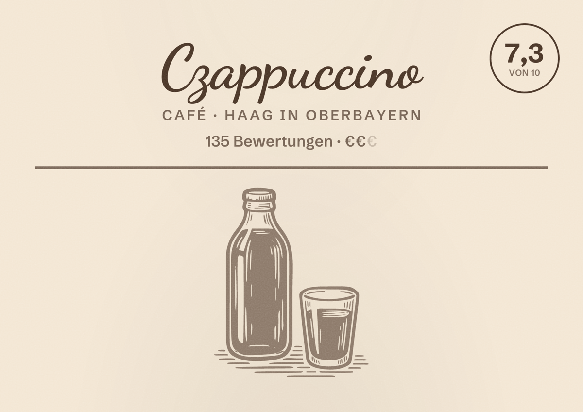 Illustriertes Poster von Czappuccino, Café in Haag in Oberbayern: Bewertung 7,3 von 10 aus 135 Bewertungen, Preisniveau €€