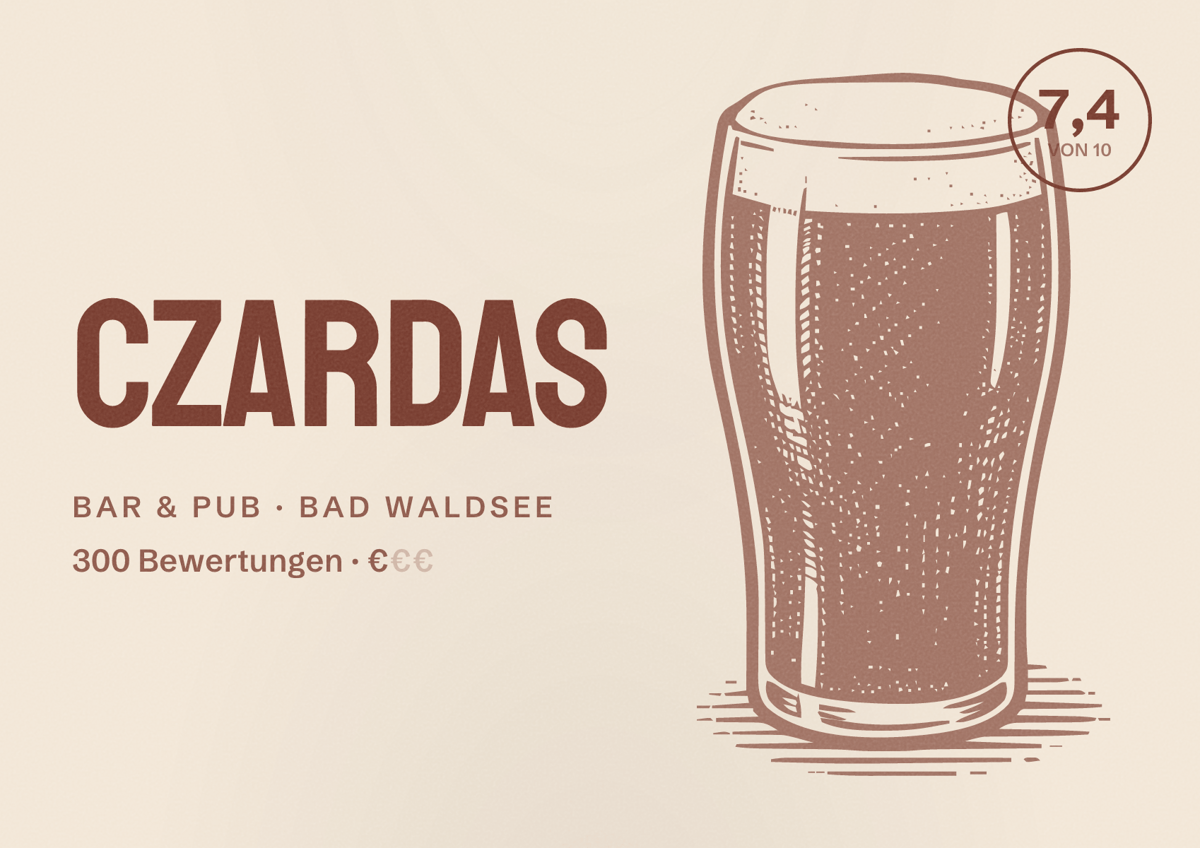 Illustriertes Poster von Czardas, Bar & Pub in Bad Waldsee: Bewertung 7,4 von 10 aus 300 Bewertungen, Preisniveau €