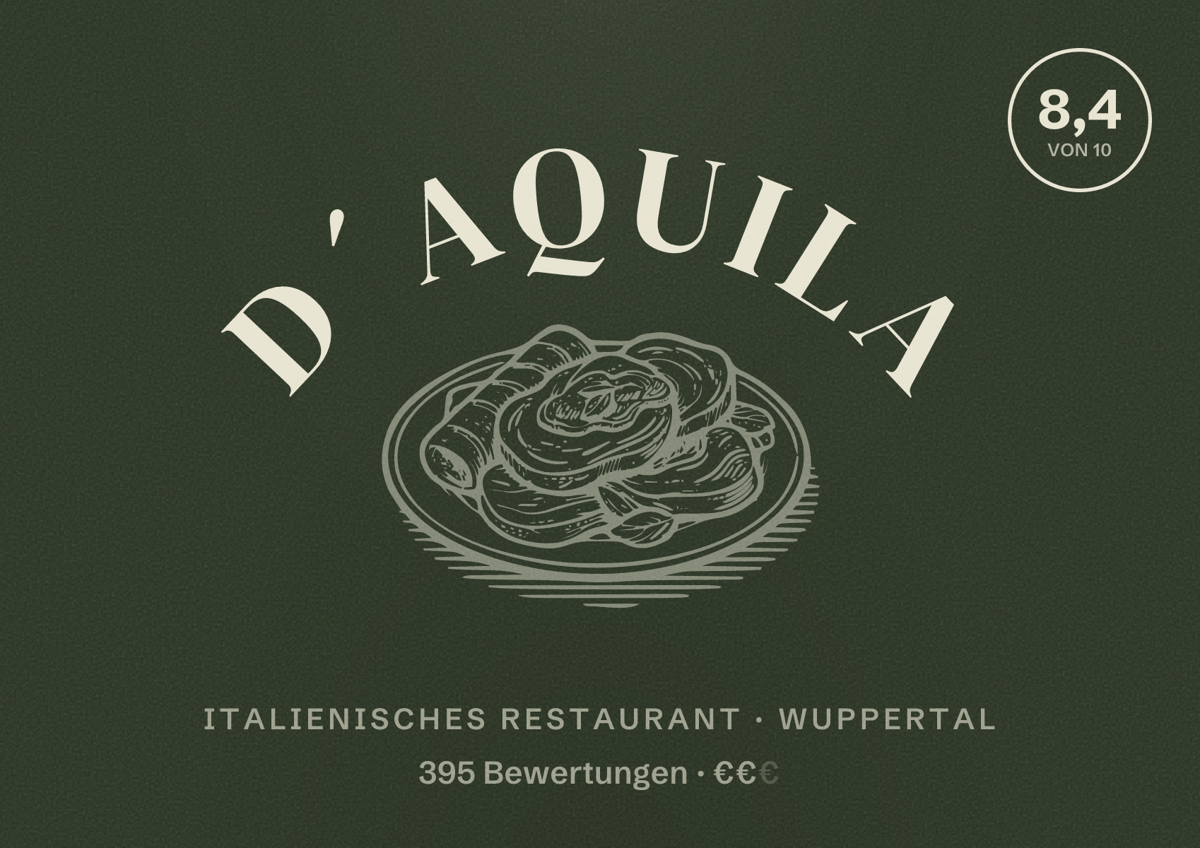Illustriertes Poster von D´Aquila, Italienisches Restaurant in Wuppertal: Bewertung 8,4 von 10 aus 395 Bewertungen, Preisniveau €€