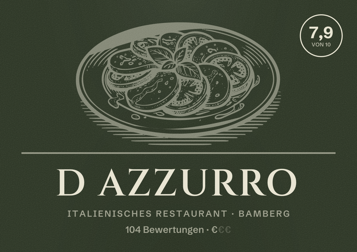 Illustriertes Poster von D Azzurro, Italienisches Restaurant in Bamberg: Bewertung 7,9 von 10 aus 104 Bewertungen, Preisniveau €