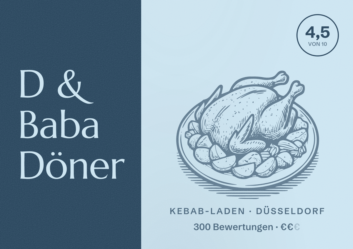 Illustriertes Poster von D & Baba Döner, Kebab-Laden in Düsseldorf: Bewertung 4,5 von 10 aus 300 Bewertungen, Preisniveau €€