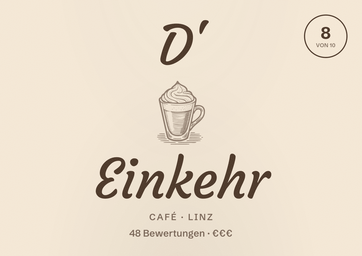 Illustriertes Poster von D' Einkehr, Café in Linz: Bewertung 8 von 10 aus 48 Bewertungen, Preisniveau €€€