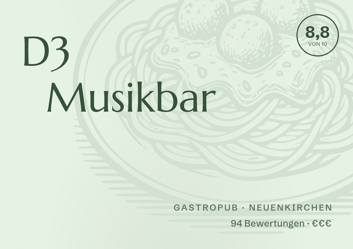 Illustriertes Poster von D3 Musikbar, Gastropub in Neuenkirchen: Bewertung 8,8 von 10 aus 94 Bewertungen, Preisniveau €€€