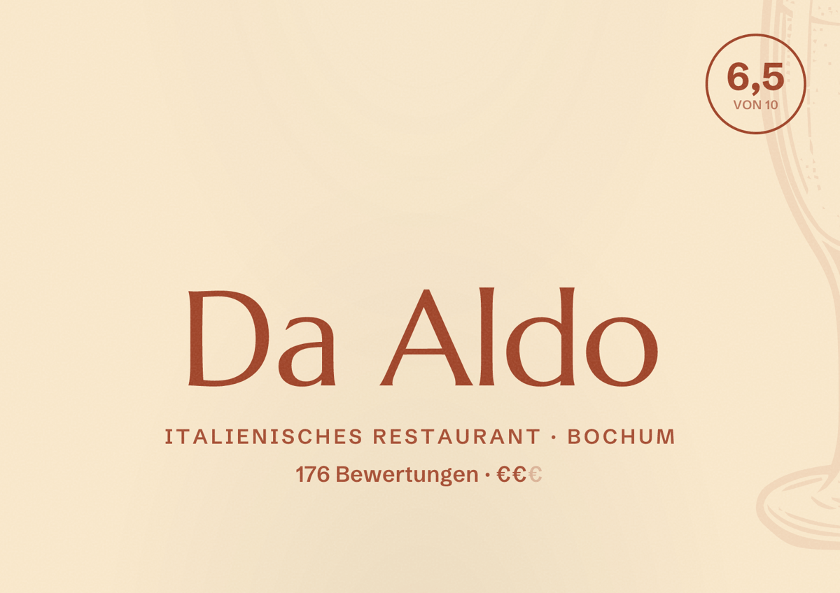 Illustriertes Poster von Da Aldo, Italienisches Restaurant in Bochum: Bewertung 6,5 von 10 aus 176 Bewertungen, Preisniveau €€