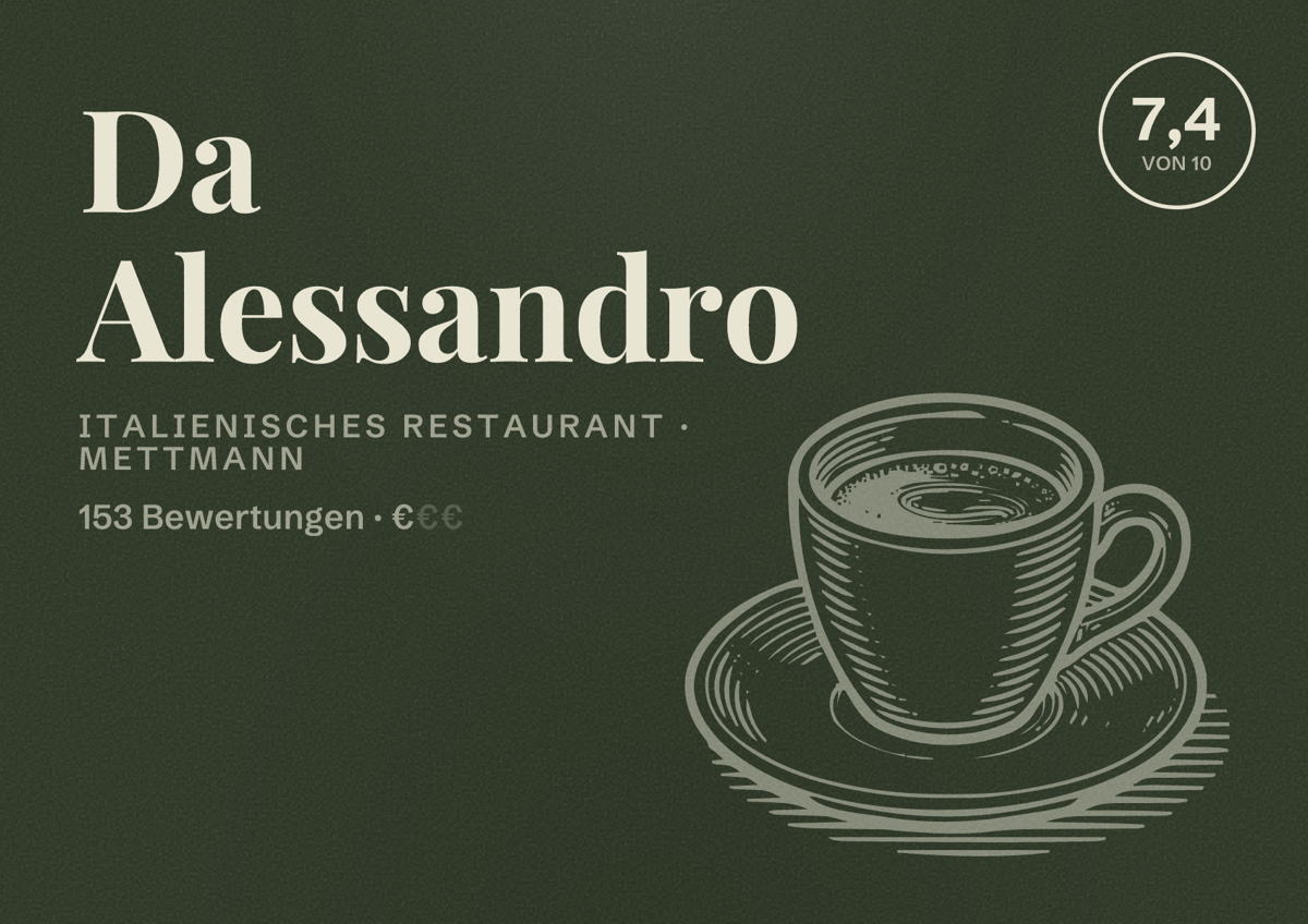 Illustriertes Poster von Da Alessandro, Italienisches Restaurant in Mettmann: Bewertung 7,4 von 10 aus 153 Bewertungen, Preisniveau €
