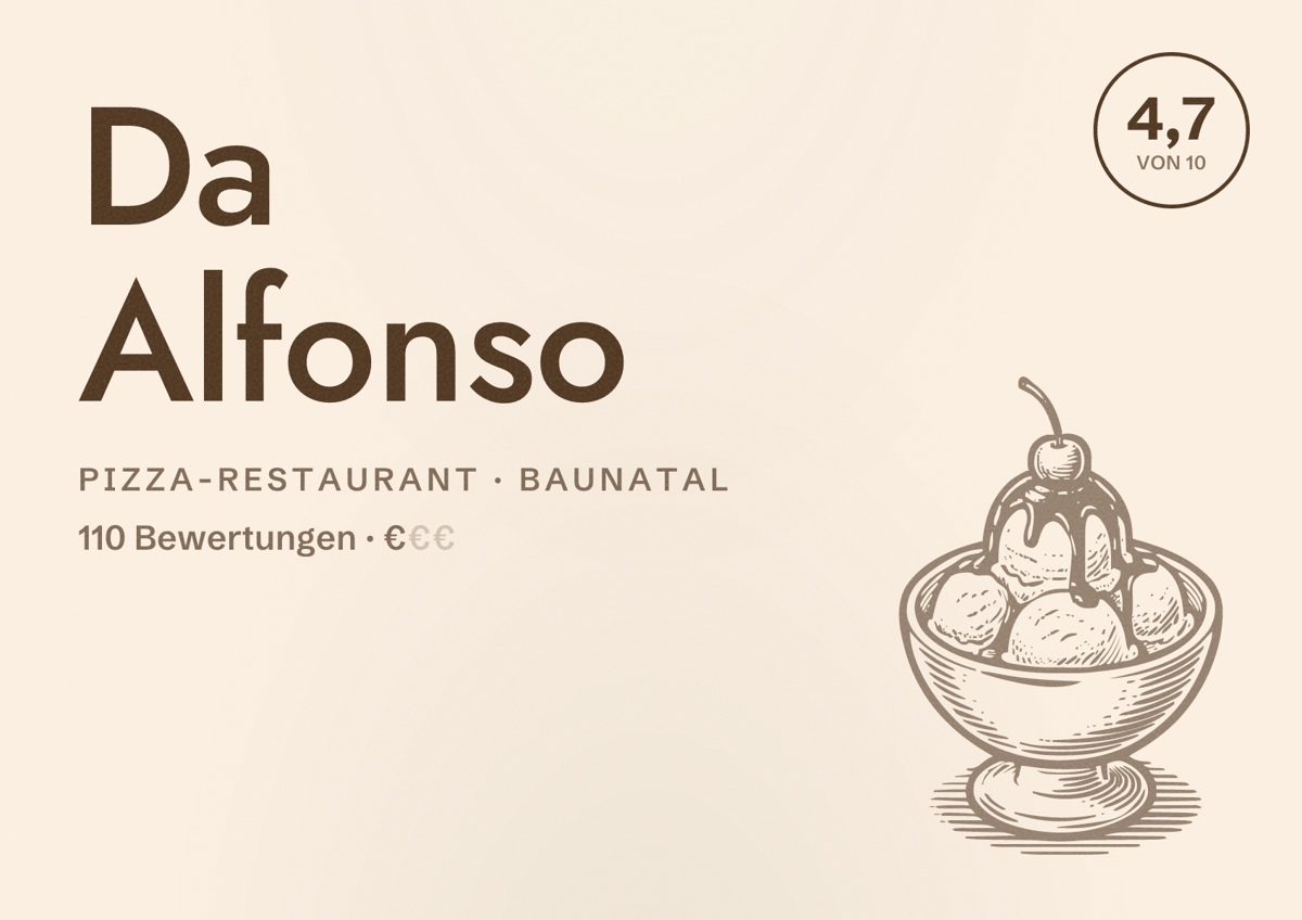 Illustriertes Poster von Da Alfonso, Pizza-Restaurant in Baunatal: Bewertung 4,7 von 10 aus 110 Bewertungen, Preisniveau €