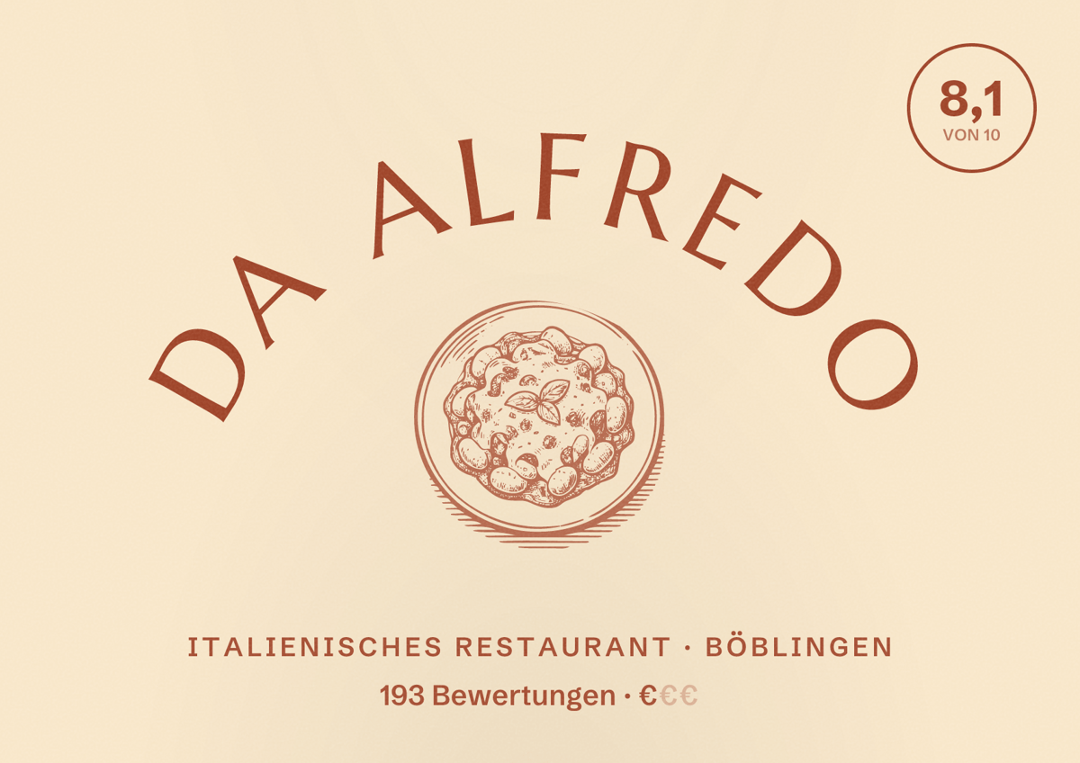 Illustriertes Poster von Da Alfredo, Italienisches Restaurant in Böblingen: Bewertung 8,1 von 10 aus 193 Bewertungen, Preisniveau €