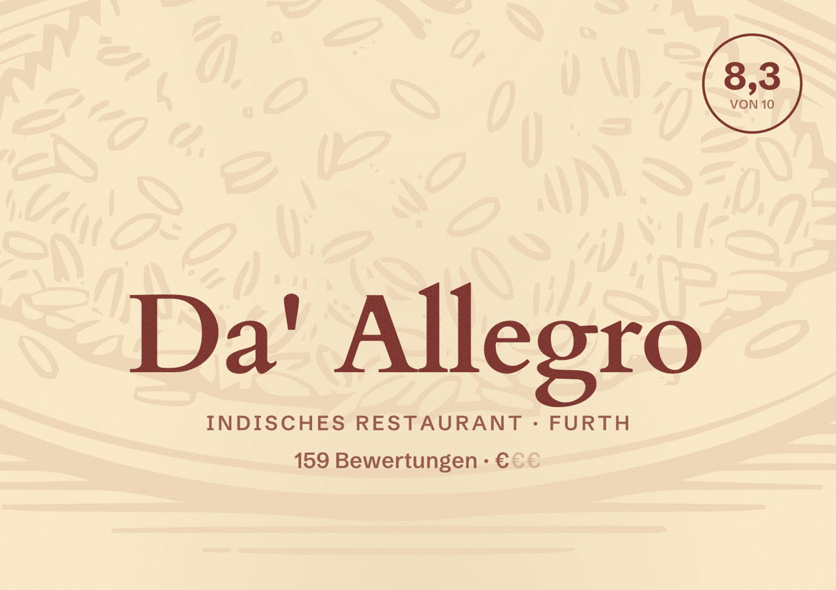 Illustriertes Poster von Da' Allegro, Indisches Restaurant in Furth: Bewertung 8,3 von 10 aus 159 Bewertungen, Preisniveau €