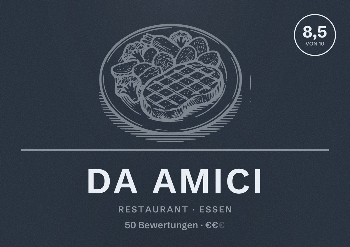 Illustriertes Poster von Da Amici, Restaurant in Essen: Bewertung 8,5 von 10 aus 50 Bewertungen, Preisniveau €€