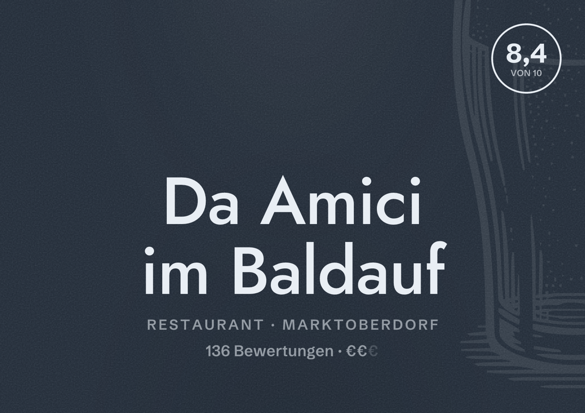 Illustriertes Poster von Da Amici im Baldauf, Restaurant in Marktoberdorf: Bewertung 8,4 von 10 aus 136 Bewertungen, Preisniveau €€