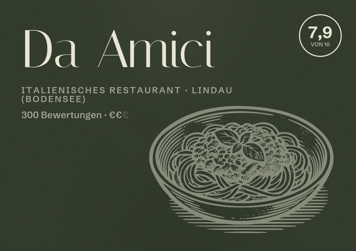 Illustriertes Poster von Da Amici, Italienisches Restaurant in Lindau (Bodensee): Bewertung 7,9 von 10 aus 300 Bewertungen, Preisniveau €€