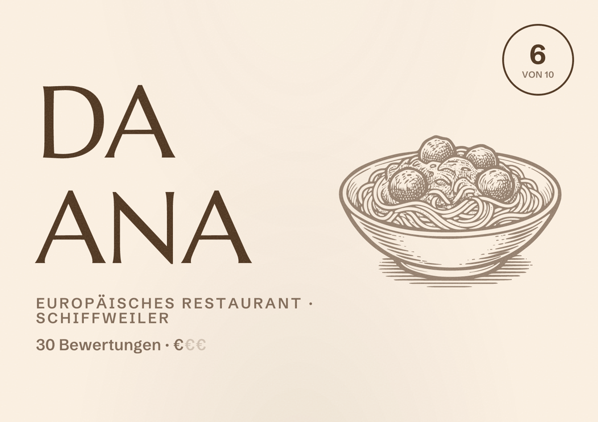 Illustriertes Poster von Da Ana, Europäisches Restaurant in Schiffweiler: Bewertung 6 von 10 aus 30 Bewertungen, Preisniveau €