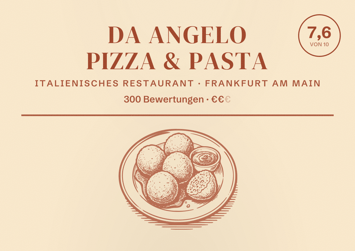 Illustriertes Poster von Da Angelo Pizza & Pasta, Italienisches Restaurant in Frankfurt am Main: Bewertung 7,6 von 10 aus 300 Bewertungen, Preisniveau €€