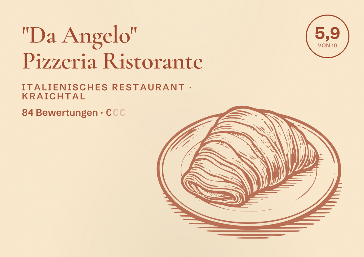 Illustriertes Poster von "Da Angelo" Pizzeria Ristorante, Italienisches Restaurant in Kraichtal: Bewertung 5,9 von 10 aus 84 Bewertungen, Preisniveau €