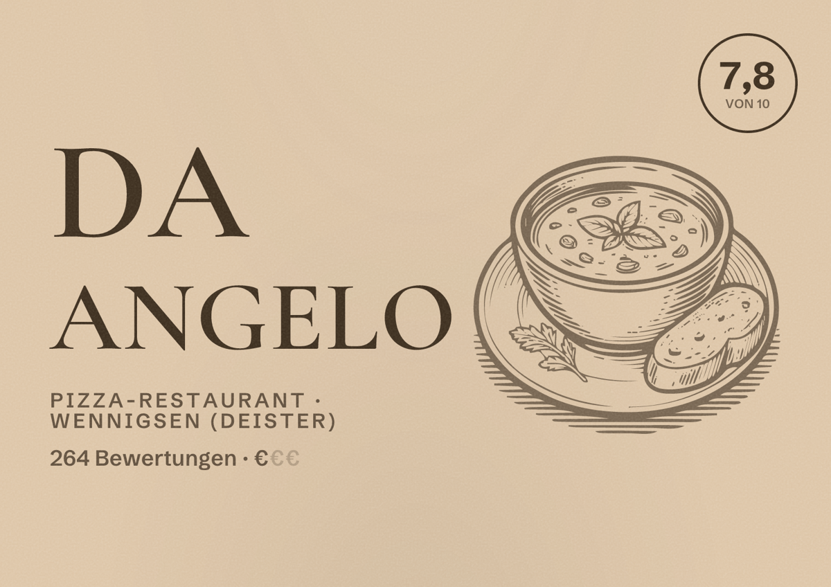 Illustriertes Poster von Da Angelo, Pizza-Restaurant in Wennigsen (Deister): Bewertung 7,8 von 10 aus 264 Bewertungen, Preisniveau €