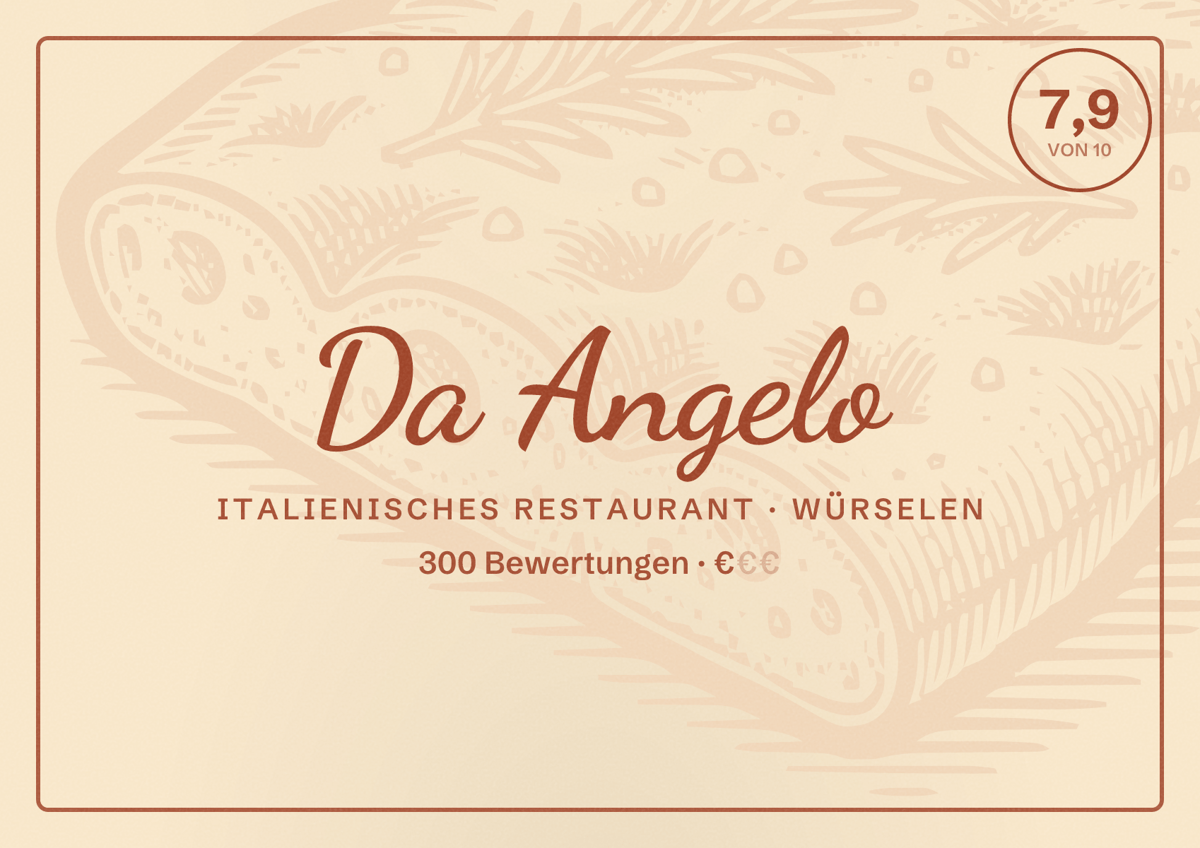 Illustriertes Poster von Da Angelo, Italienisches Restaurant in Würselen: Bewertung 7,9 von 10 aus 300 Bewertungen, Preisniveau €