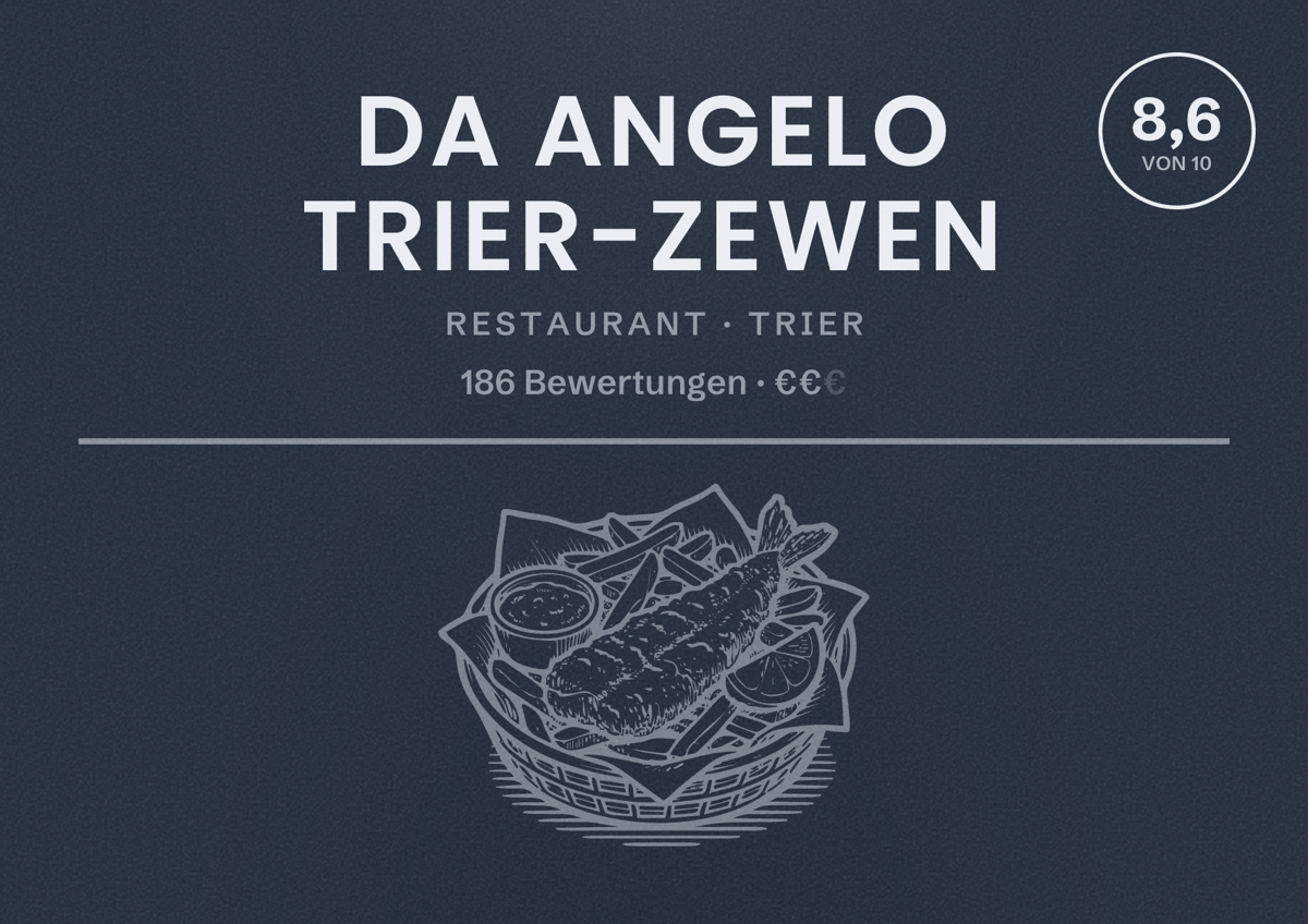 Illustriertes Poster von Da Angelo Trier-Zewen, Restaurant in Trier: Bewertung 8,6 von 10 aus 186 Bewertungen, Preisniveau €€
