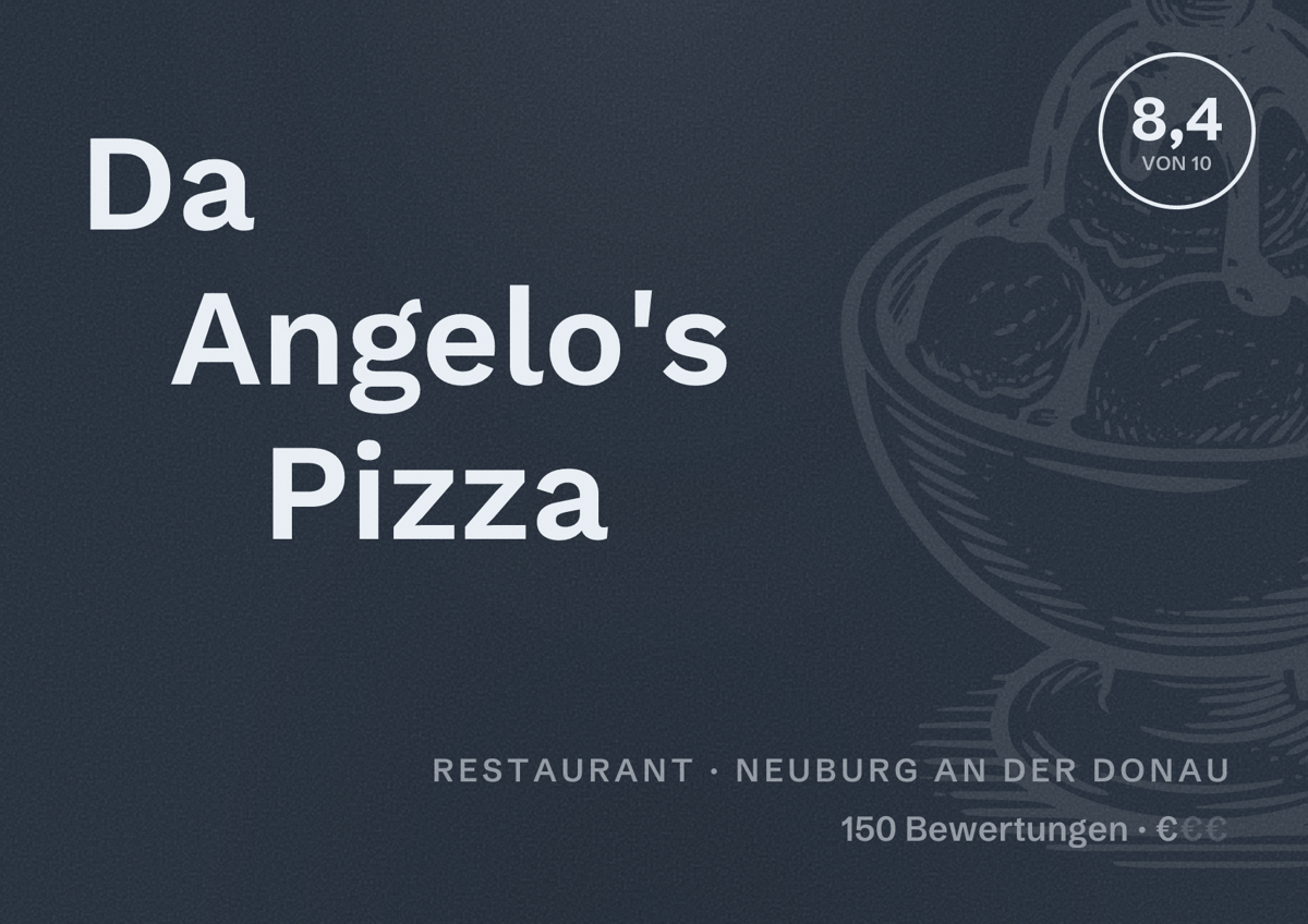 Illustriertes Poster von Da Angelo's Pizza, Restaurant in Neuburg an der Donau: Bewertung 8,4 von 10 aus 150 Bewertungen, Preisniveau €